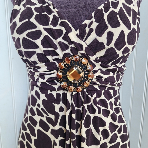 En Focus Giraffe Print Midi Dress Brown Cream Pullover Beaded Boho Chic Sz 6 - Picture 3 of 13